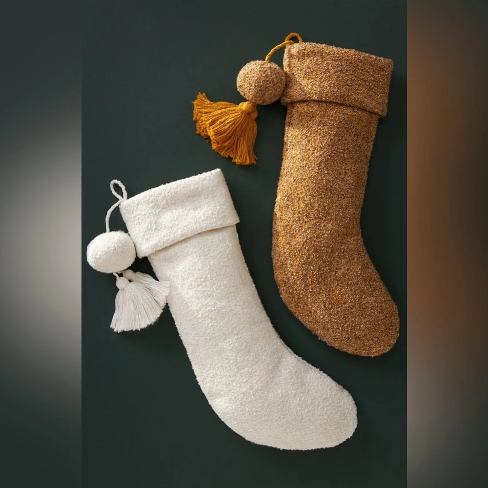 New🌟Anthropologie Boucle Christmas Stocking Large Honey Hygge Cozy Pom/T…